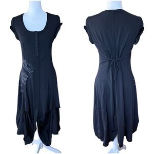 Lauren Vidal Black Avant Garde Bubble Hem Midi Dress Tie Back Graphic Small